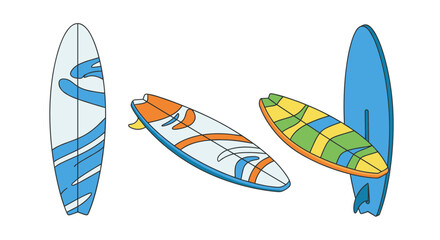 Colorful surfboards with modern designs on white background