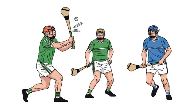 Hurling Game: Action-packed illustration of three players engaged in a thrilling hurling match, a dynamic display of skill and athleticism. Players are depicted with precision.