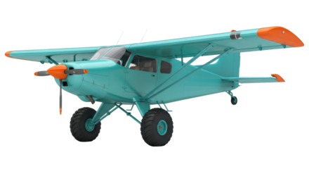 Isolated light-blue bush plane aircraft, a high-wing airplane with large tires for landing
