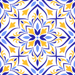 Mediterranean blue yellow seamless pattern. Ethnic mosaic design. Portuguese, Italian, Spanish, Sicilian motifs. Floral ornament, graphic print for home textile or ceramic tile. Vector illustration