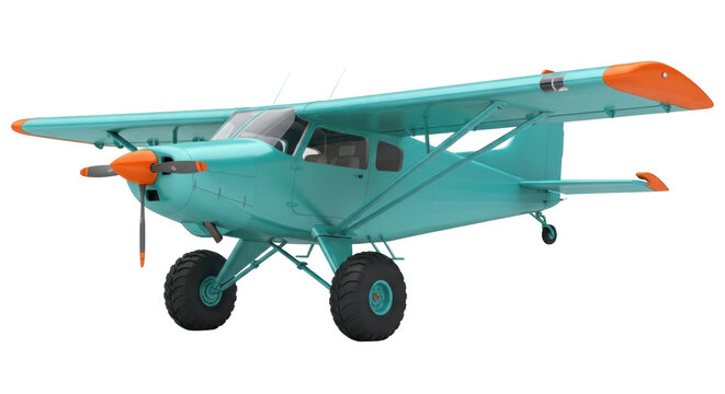 Isolated light-blue bush plane aircraft, a high-wing airplane with large tires for landing