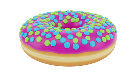 Isolated sweet donut with pink icing and colorful sprinkles viewed from a high angle