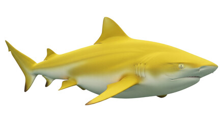 Isolated shark with bright yellow and white skin pattern swimming against a plain backdrop