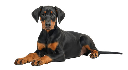 Isolated alert Doberman puppy lounging attentively with a serious expression on its face