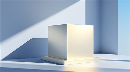 Fototapeta premium Geometric golden cube displayed in bright sunlight with shadow play