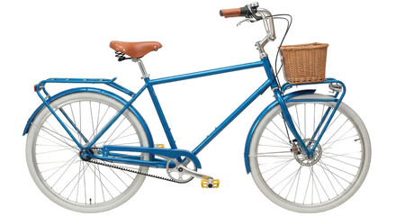 Isolated Blue bicycle with wicker basket, stylish retro transportation, modern vintage bike