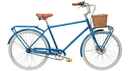 Isolated Blue bicycle with wicker basket, stylish retro transportation, modern vintage bike