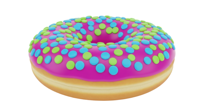 Isolated sweet donut with pink icing and colorful sprinkles viewed from a high angle