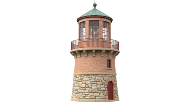 Isolated lighthouse structure with weathered patina; iconic architectural landmark for guidance