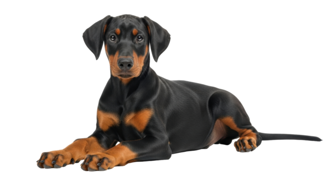 Isolated alert Doberman puppy lounging attentively with a serious expression on its face