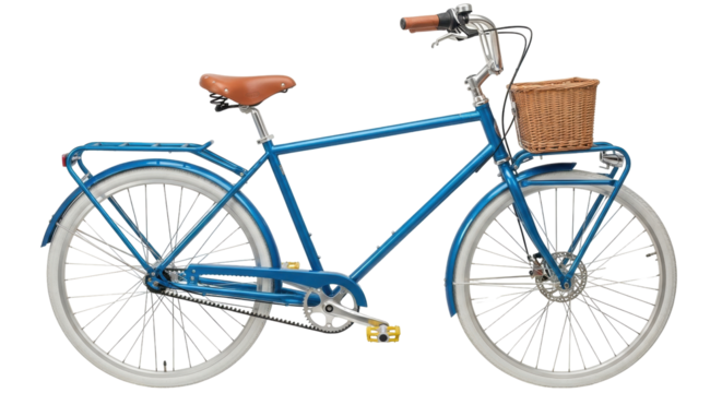 Isolated Blue bicycle with wicker basket, stylish retro transportation, modern vintage bike