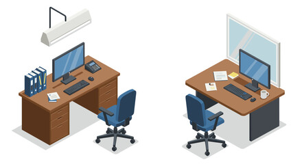 Modern office workspace design with desk and computer in isometric style