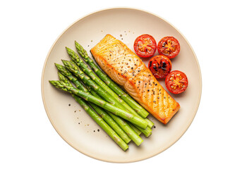 Isolated dinner plate with grilled salmon, asparagus, and roasted tomato halves on a plate