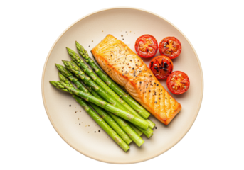 Isolated dinner plate with grilled salmon, asparagus, and roasted tomato halves on a plate
