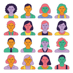 Set of 16 diverse people icons vector illustration scalable eps graphic elements silhouette White background