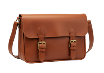 Isolated vintage brown leather satchel purse, buckle front flap bag for woman, man, no background