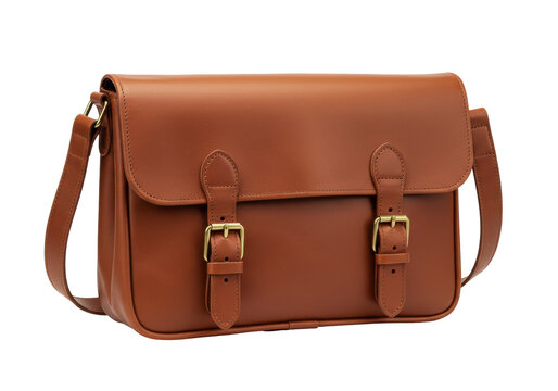 Isolated vintage brown leather satchel purse, buckle front flap bag for woman, man, no background