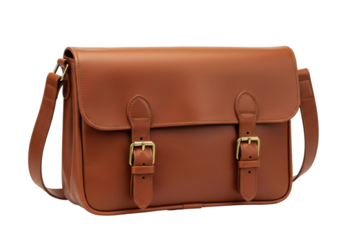 Isolated vintage brown leather satchel purse, buckle front flap bag for woman, man, no background