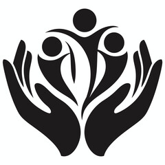 Scalable vector silhouette illustration of diverse hands caring for three figures representing community unity silhouette White background