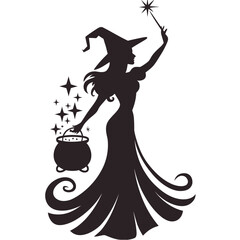Silhouette of a mystical witch with a wand and cauldron vector illustration for magical designs silhouette White background