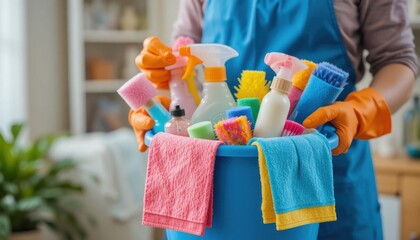 Vibrant image focusing on cleaning tools and equipment. A person's body (cropped) in a blue apron and orange gloves is holding a blue bucket packed with detergents