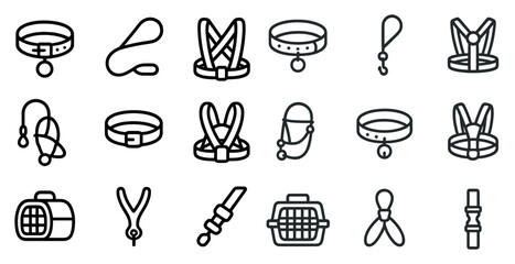 Pet accessories outline icons set – silhouette, flat, animal care symbols