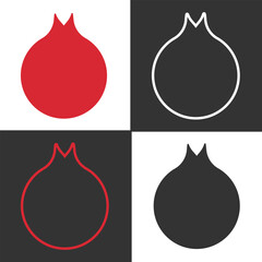 Set of four garnet fruit line icons in red, white, and black. The minimalist design highlights the shape and features of the fruit, perfect for graphic design projects.