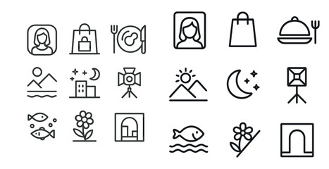 Dining and shopping line icons set – silhouette, outline, meal, and retail symbols