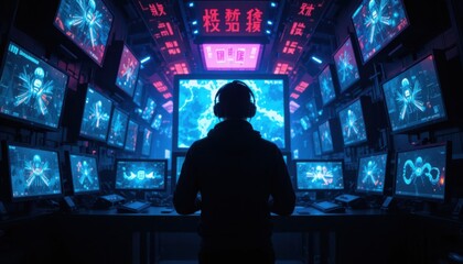 Silhouette of a gamer surrounded by screens and neon lights, playing an intense game, futuristic cyberpunk vibe, cinematic depth