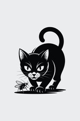 Vector illustration of a black cat stalking a fly in a stylish contemporary logo design silhouette White background