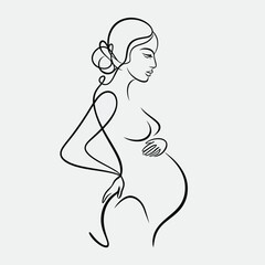 Elegant minimalist vector illustration of a pregnant woman in continuous line art style scalable eps silhouette White background
