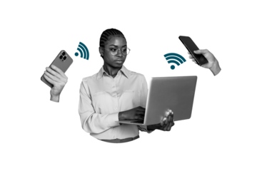 Composite photo collage of serious american girl type laptop wifi connection 5g network phone transfer data isolated on painted background