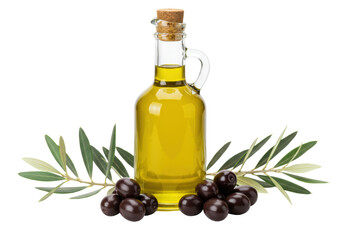 Isolated golden olive oil decanter with cork stopper, olives, and fresh olive branches