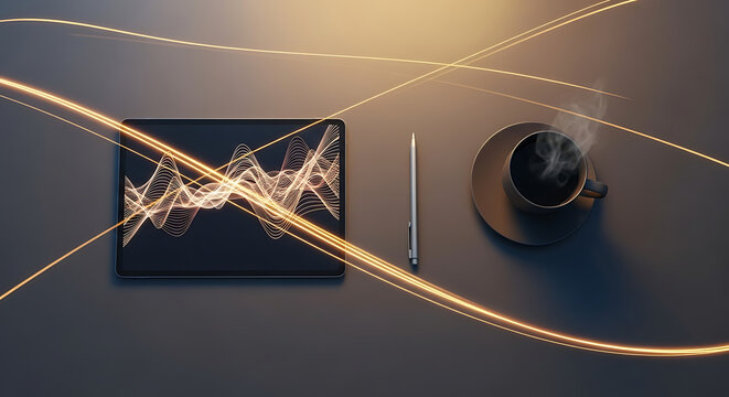 Innovative technology concept showing data streams flowing across a digital tablet and a modern workspace