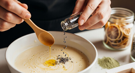 Natural ingredients like oats, lavender, and calendula are scattered on the wooden table, highlighting the use of organic components in this DIY soap making workshop