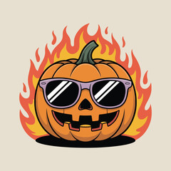 Cool pumpkin wearing sunglasses on fire vector illustration for halloween festive designs silhouette White background