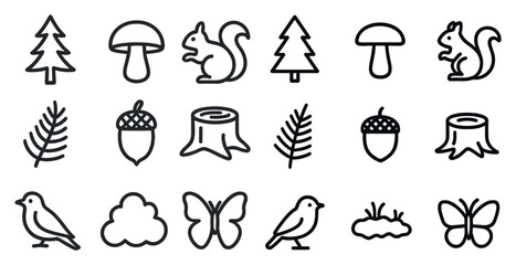 Naklejka premium Nature and wildlife icons set – outline, linear, forest and woodland symbols