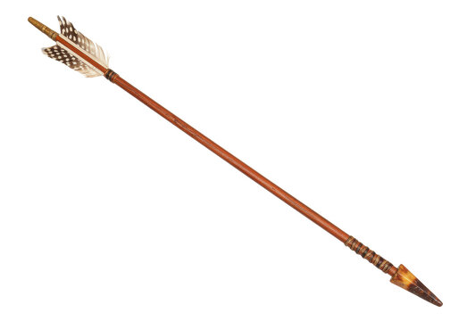 Isolated arrow with fletching and arrowhead, ancient and tribal hunting weapon for archery