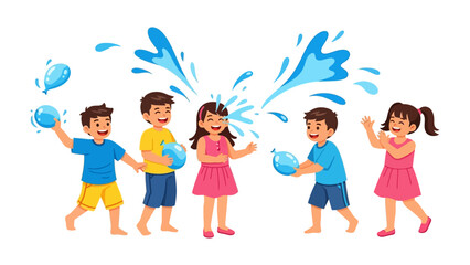 Joyful Summer Splash: A group of delighted children revel in a playful water balloon fight under the bright sun. Capturing the essence of summer fun and friendship.