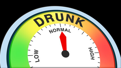 Drunk normal, text, word level concept illustration with barometer or tachometer meter on black background. Ideal for alcohol, lifestyle, health, and awareness educational visuals