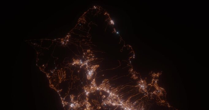 Oahu (Hawaii, USA) aerial view at night. Top view on modern city with street lights. Camera is flying above the city, moving backward