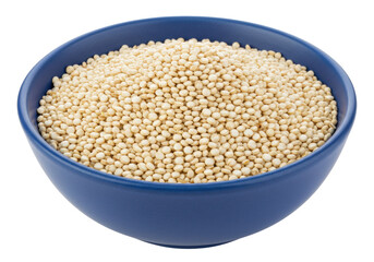 Isolated blue bowl filled with cooked quinoa grains, a healthy nutritious ingredient