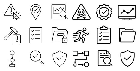 Fototapeta premium Safety and compliance icons set – linear, outline, security and regulation symbols