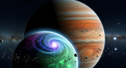 A colorful planets and jupiter in the space with asteroids around them