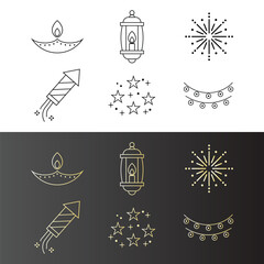 Diwali Outlined Decorated Elements and Ornaments Design, Happy Deepavali Festival Background with line-art pattern texture with diyas, fireworks rockets, and starburst sparklers. Vector Illustration