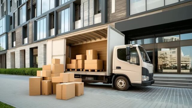 Moving truck filled with cardboard boxes packed outside a modern building, ready for moving to new office. Delivery service, Moving or shipping concept	
