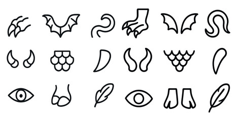 Obraz premium Mythical creature outline icons set – silhouette, linear, fantasy monster symbols