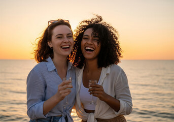 cheerful young diverse women jumping and celebrating their summer vacation on the beach with arms raised in excitement