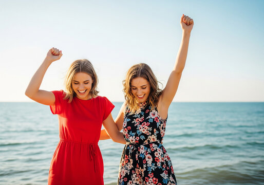 cheerful young diverse women jumping and celebrating their summer vacation on the beach with arms raised in excitement - Powered by Adobe