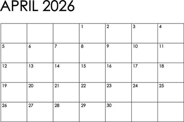 April 2026 month calendar - Sunday to Saturday format. Simple black and white design	
